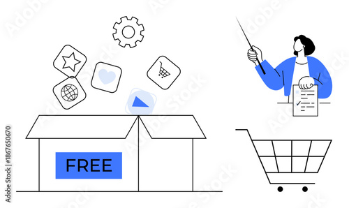 Open box marked FREE releasing app icons, gears and tools person explaining with paper shopping cart nearby. Ideal for e-commerce, digital marketing, learning, free services, technology, innovation