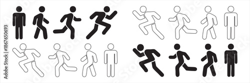 Set of walking and running human icons in black and white vector illustration
