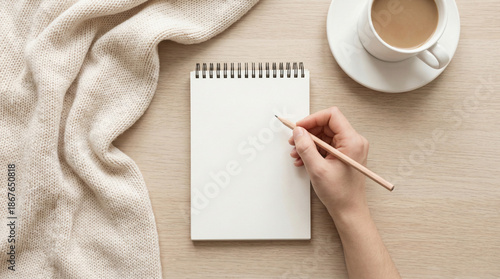 Writing check list concept. Pov top above overhead close up view photo of female hand making notes in empty notepad near white plaid and hot cup of coffee