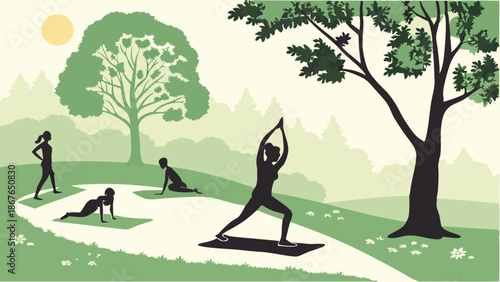 Outdoor Group Yoga Session Silhouette in Sunny Park for Wellness Website Design and Health Promotion Flyers