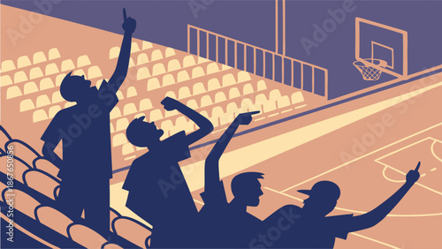 Excited Basketball Fans Cheering Loudly in Stadium Stands Watching Intense Game Action for Sports Promotion Web Design