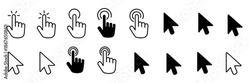 Arrow and hand pointer cursor icon set featuring computer mouse click symbols, ranking indicators, and navigation elements for modern user interface design, web apps, software dashboards, and digital 