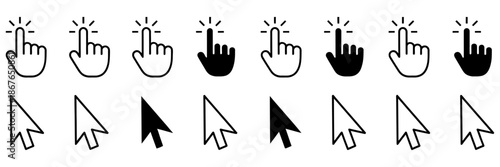 Arrow and hand pointer cursor icon set featuring computer mouse click symbols, ranking indicators, and navigation elements for modern user interface design, web apps, software dashboards, and digital 