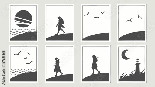 Minimalist Black and White Coastal Journey Set Lighthouse Sunset Sea Birds Silhouette for Travel Blog Web Design Print