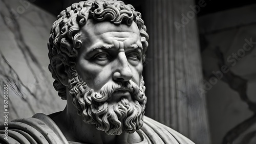 Ancient Roman emperor marble statue, stern face, thick beard, cracked marble texture, low-key lighting, monochrome black and white