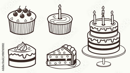 Black and White Line Art Birthday Cakes Cupcakes Slices for Celebration Party Invitations Bakery Design