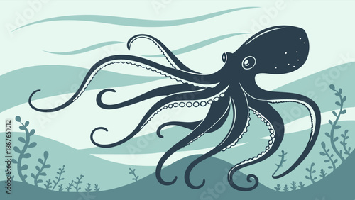 Deep Sea Octopus Swimming Underwater Ocean Scene for Marine Biology Education Nature Background Design Element