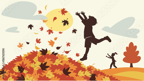 Joyful Children Jumping in Huge Autumn Leaf Pile for Fall Season Website Banner or Holiday Greeting Card Design