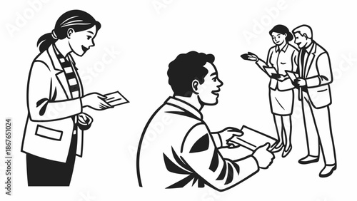 Professional People Exchanging Information and Distributing Leaflets for Sales Outreach and Networking at Corporate Event