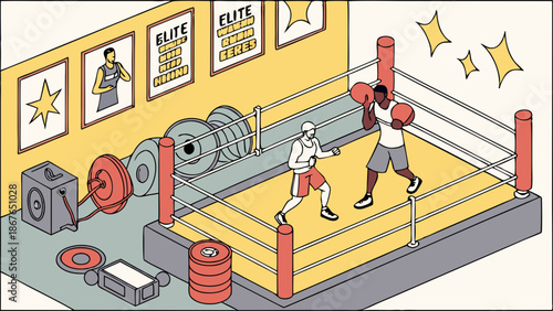 Two Athletes Sparring in Boxing Ring Gym Isometric Illustration for Fitness Training and Sports Competition Promotion