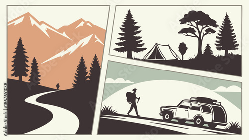 Outdoor Adventure Travel Montage Hiking Camping Road Trip Journey for Tourism Web Design and Vacation Brochures