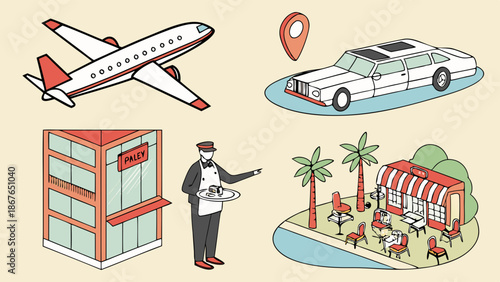 Luxury Travel and Hospitality Service Icons Airplane Limousine Restaurant Waiter for Tourism Vacation Web Design Projects
