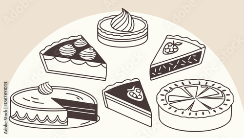 Delicious Assortment of Pie and Cake Slices Outline Icons for Bakery Menu Design Cafe Dessert Advertising