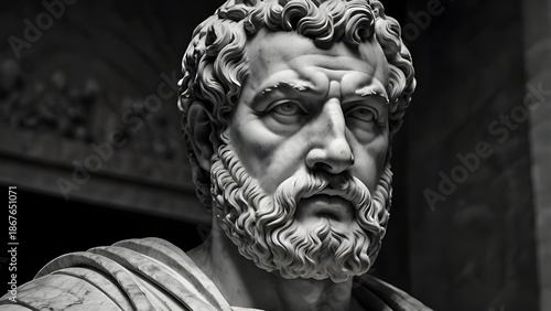 Roman emperor marble statue, stern face, thick beard, cracked marble texture, low-key lighting, monochrome black and white