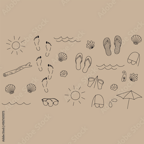 Beach scene with footprints sandals shells and sun seashells