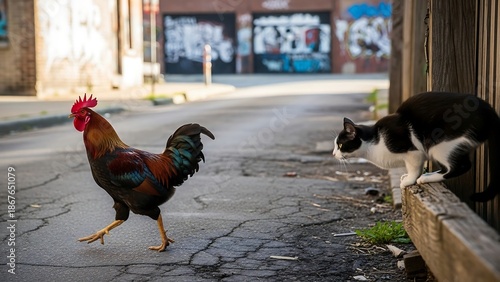 Rooster and cat on city street.