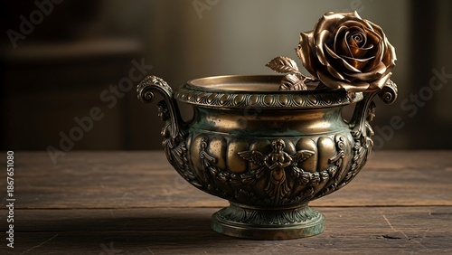 Vintage bronze bowl with rose decoration.