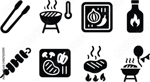 barbecue, bbq, grill, cooking, icons, black, white, isolated, vector, food, meat, sauce, tongs, skewer, thermometer, onion, pepper, steak, mushroom, fire, flame, party, picnic, cookout, summer, outdoo