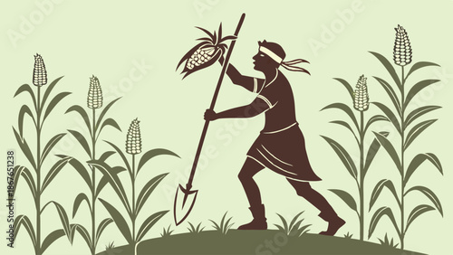 Indigenous Farmer Harvesting Corn with Hoe in Lush Field for Agriculture History Education or Food Industry Design