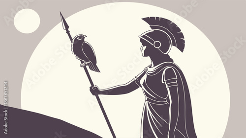 Ancient Warrior Woman with Spear and Falcon Symbolizing Wisdom Strategy Leadership for Mythology Design Projects
