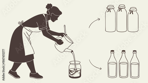 Woman Pouring Homemade Liquid into Glass Jars for Canning and Preservation Project for Family Food Storage