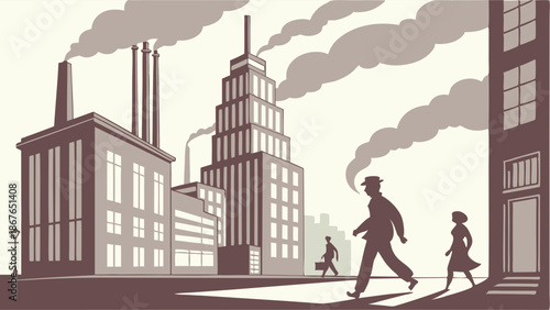 Industrial Cityscape with Workers Commuting Past Factories and Smokestacks Illustrating Urban Labor and Economic Growth