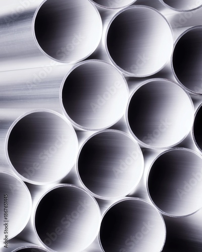 Close-up view of stacked aluminum pipes showing circular openings and brushed metal surface, industrial material pattern with geometric repetition.