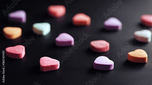 Heart-shaped candy pieces scattered on a black surface, colorful confectionery sweets with shallow depth of field.