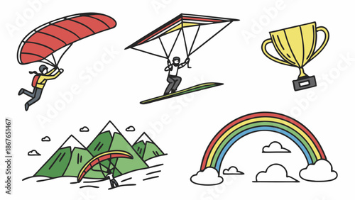 Paragliding Hang Gliding Adventure Sports Trophy Rainbow Mountain Icons for Extreme Travel Web Design