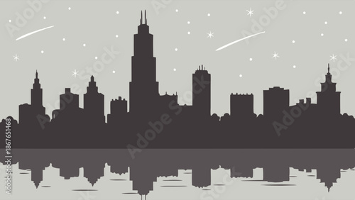 Night Skyline Silhouette Reflection Under Shooting Stars Perfect For City Travel Brochures Website Banners And Calm Backgrounds