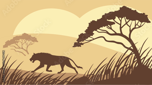 Silhouette Lioness Stalking Savannah Grasslands Sunset Wildlife Safari Adventure Travel Background for Nature Websites