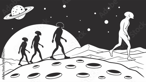 Alien Evolution Progression on Moon Surface for Science Fiction Web Design Technology Evolution Journey Illustration (119 characters)
