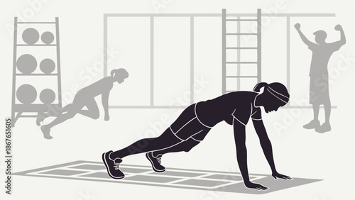 Fit Woman Performing Mountain Climber Exercise During Intense Gym Workout for Health and Wellness Websites