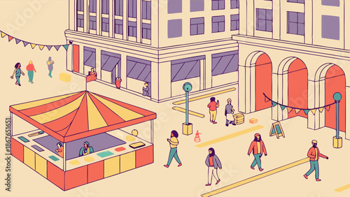 Vibrant Street Fair Festival Scene with Food Stall and Diverse Crowd Enjoying Outdoor Community Event Celebration