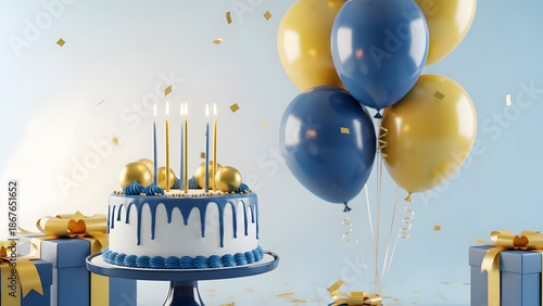 Birthday celebration with blue and gold decorations