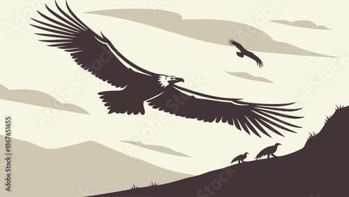Vultures Soaring Over Desert Landscape Majestic Wildlife Illustration for Nature Documentary or Travel Website Design