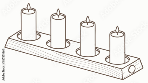 Four Lit Advent Candles in Wooden Holder for Christmas Holiday Season Celebration Decoration Design Element