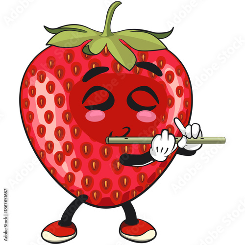 cute strawberry cartoon mascot character playing the flute vector illustration, work of hand drawn