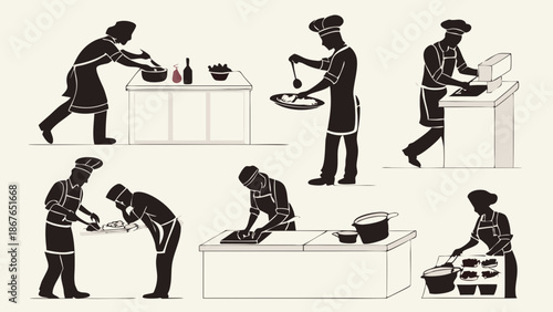 Professional Chefs Preparing Food in Busy Commercial Kitchen Silhouettes for Restaurant Menu Design and Culinary Web Graphics
