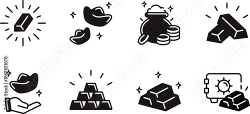 gold, treasure, wealth, investment, money, banking, finance, business, icon, set, bag, coin, bar, nugget, precious, asset, financial, security, economic, success, prosperity, hunting, management, elem