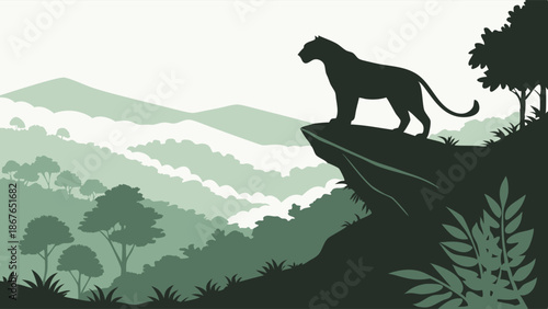 Silhouette Panther Staring Over Lush Green Mountain Jungle Valley Vista Symbolizing Leadership Success and Wilderness Adventure Travel