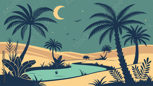 Desert Oasis Night Scene with Palm Trees and Crescent Moon for Travel Brochures Website Banners Tropical Vacation Mood