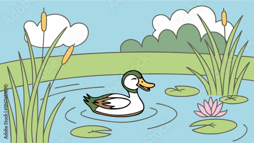 Tranquil Mallard Duck Floating on Peaceful Pond with Lily Pads for Children's Book Illustration or Nature Website Background
