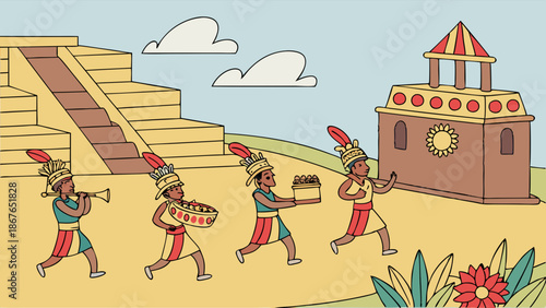 Ancient Mayan Procession with Musicians and Offerings Approaching Stone Temple for Cultural History Presentation