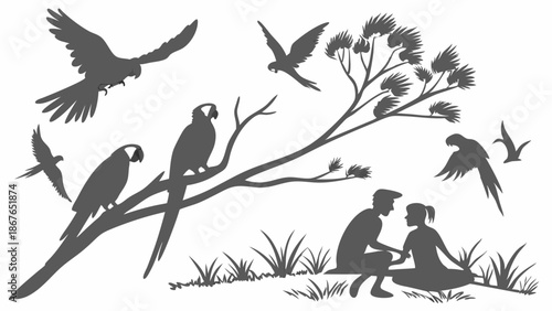 Tropical Macaw Parrots Flying and Perching Near Couple Relaxing in Lush Nature Silhouette for Wildlife Design Projects