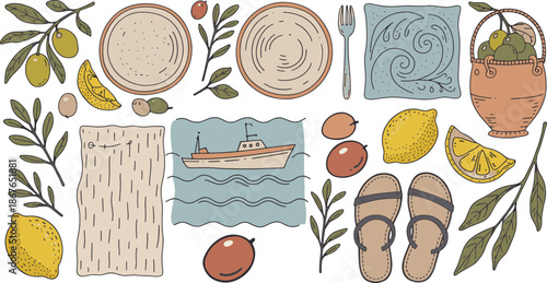 Colorful of lemons olives boat and beach sandals