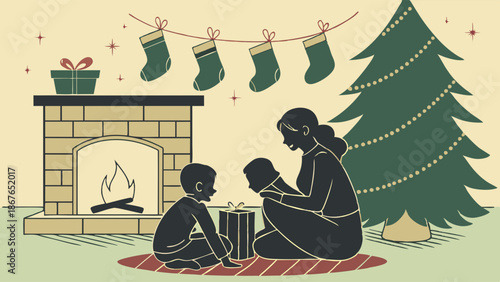 Cozy Family Opening Christmas Gifts by Fireplace with Stockings and Tree Holiday Scene for Seasonal Greeting Card Design