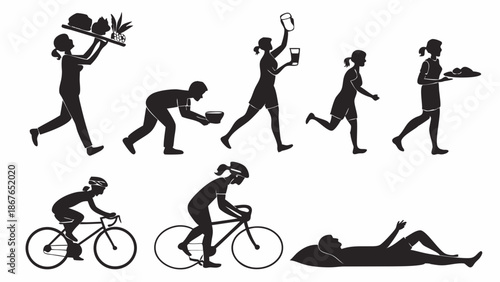 Active Lifestyle Balance Icons Showing Food Service Exercise Cycling and Relaxation for Health Promotion Web Design