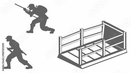 Soldier Figures Advancing Past Military Barricade Defensive Position for Wargaming Design Projects