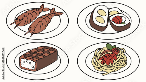 Delicious Assortment of Cooked Food Plates for Restaurant Menus Website Design or Food Blog Graphics